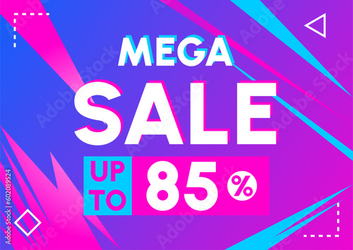 mega sale up to 85 percent off special offer banner pink blue light