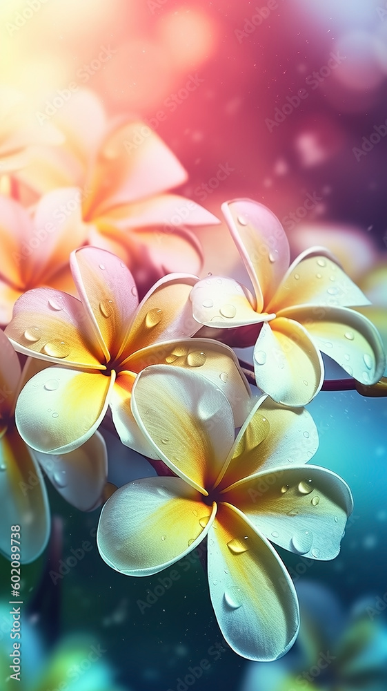Close-up plumeria flowers with drops of water background. Floral wallpaper. Ai generated Close-up plumeria flowers with drops of water background. Floral wallpaper. Ai generated