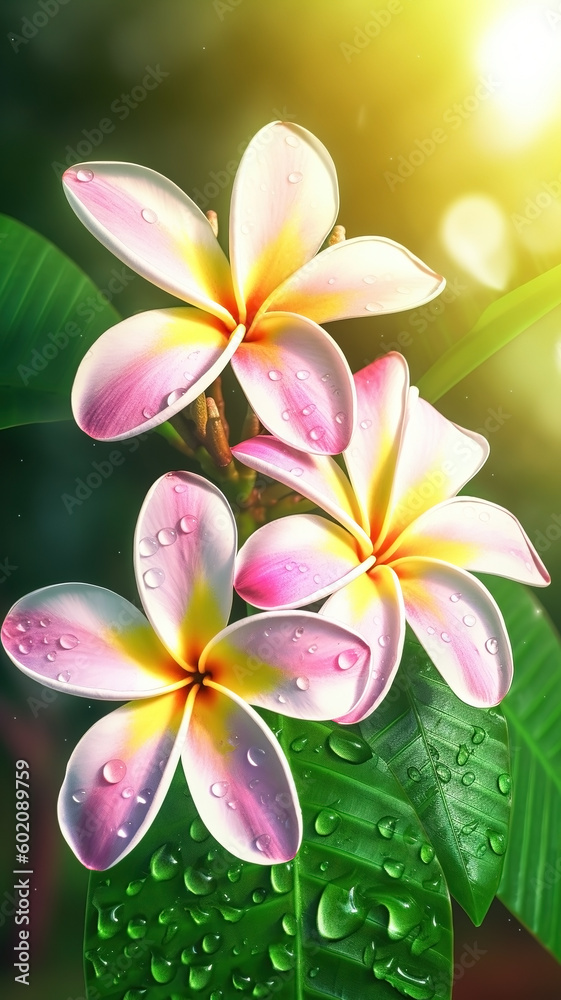 Close-up plumeria flowers with water droplets background. Summer wallpaper. Ai generated