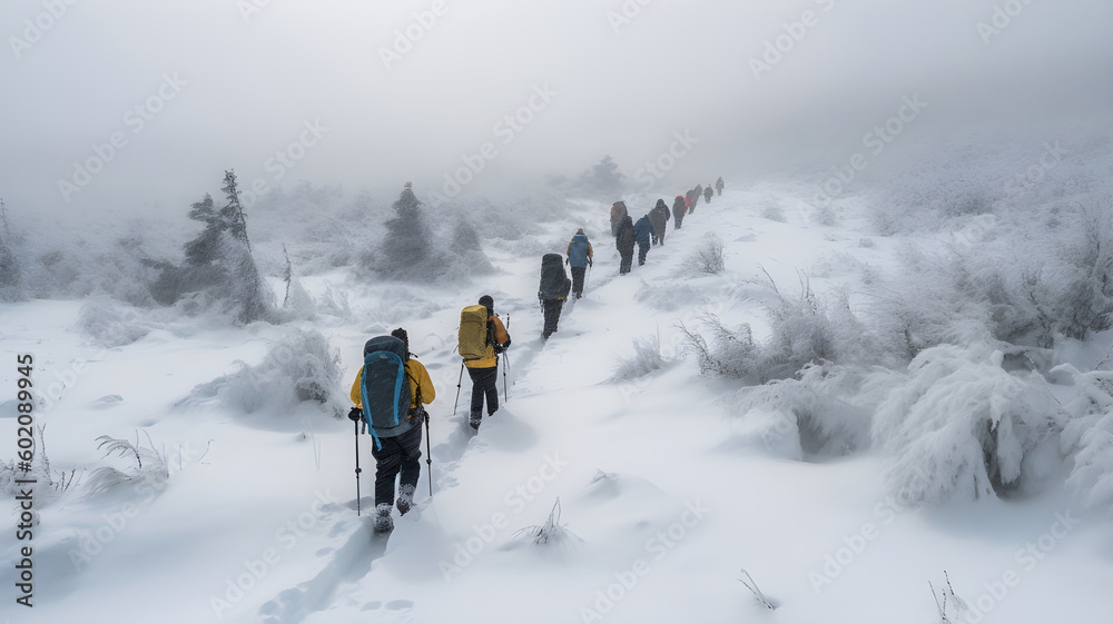 A group of hikers on the trail in the snow. AI Generated