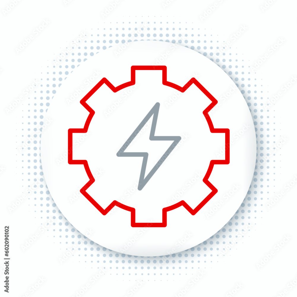 Line Gear and lightning icon isolated on white background. Electric power. Lightning bolt sign. Colorful outline concept. Vector Line Gear and lightning icon isolated on white background. Electric power. Lightning bolt sign. Colorful outline concept. Vector
