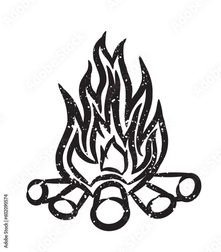 Campfire simple black and white drawing. Drawing with thick and speckled lines. Vector illustration isolated on transparent background.