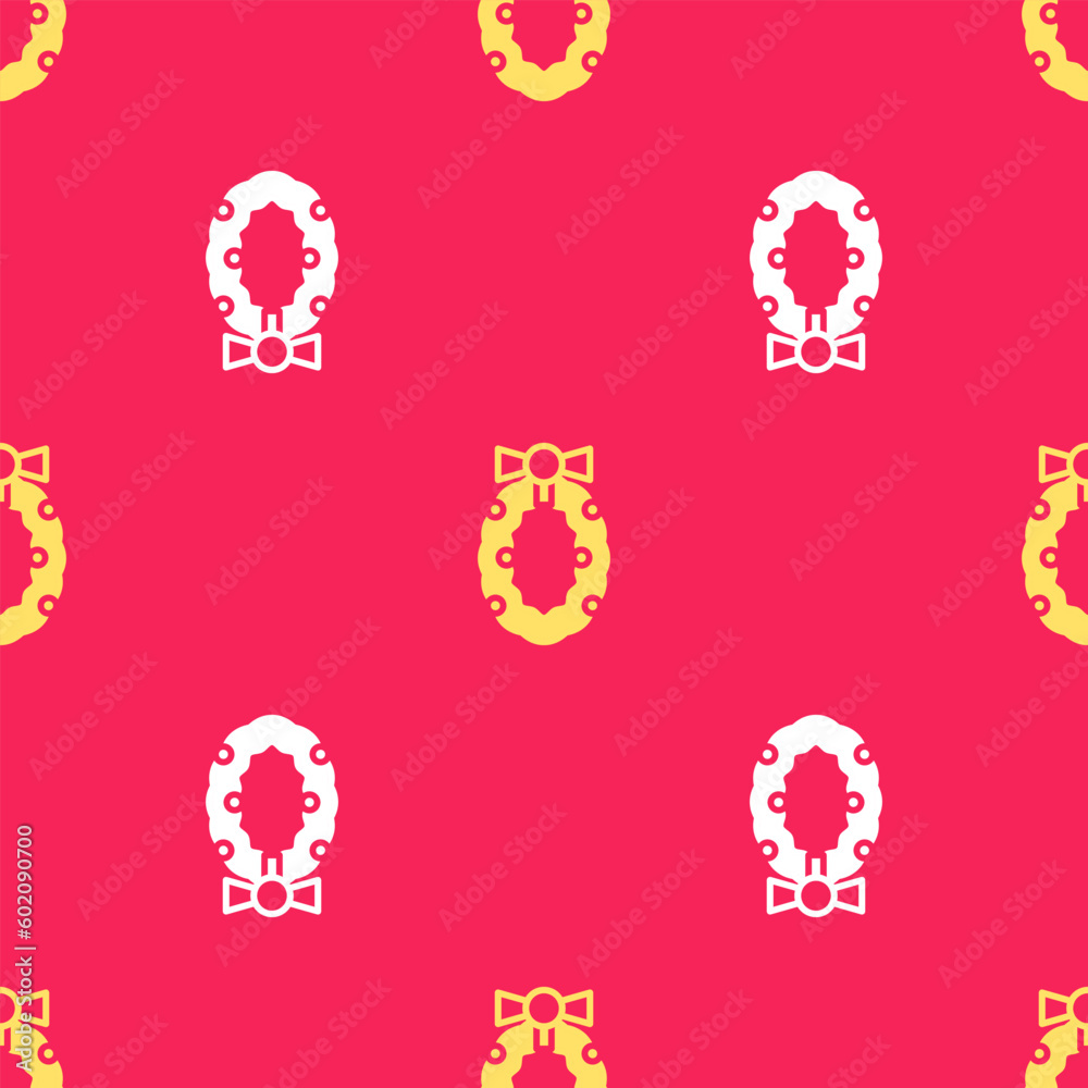 Yellow Christmas wreath icon isolated seamless pattern on red background. Merry Christmas and Happy New Year. Vector