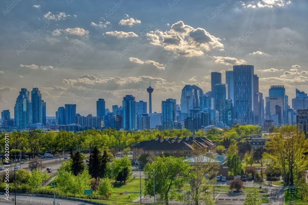 Fototapeta premium A Calgary Downtown skyline during the spring with some dramatic clouds.