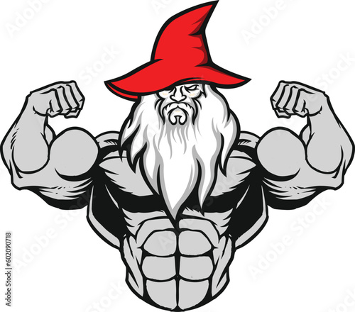 Sports. Gym. Muscular body. Athletic body. Body builder pose. Logo and Emblems. Gym and Fitness logo of old man with hat