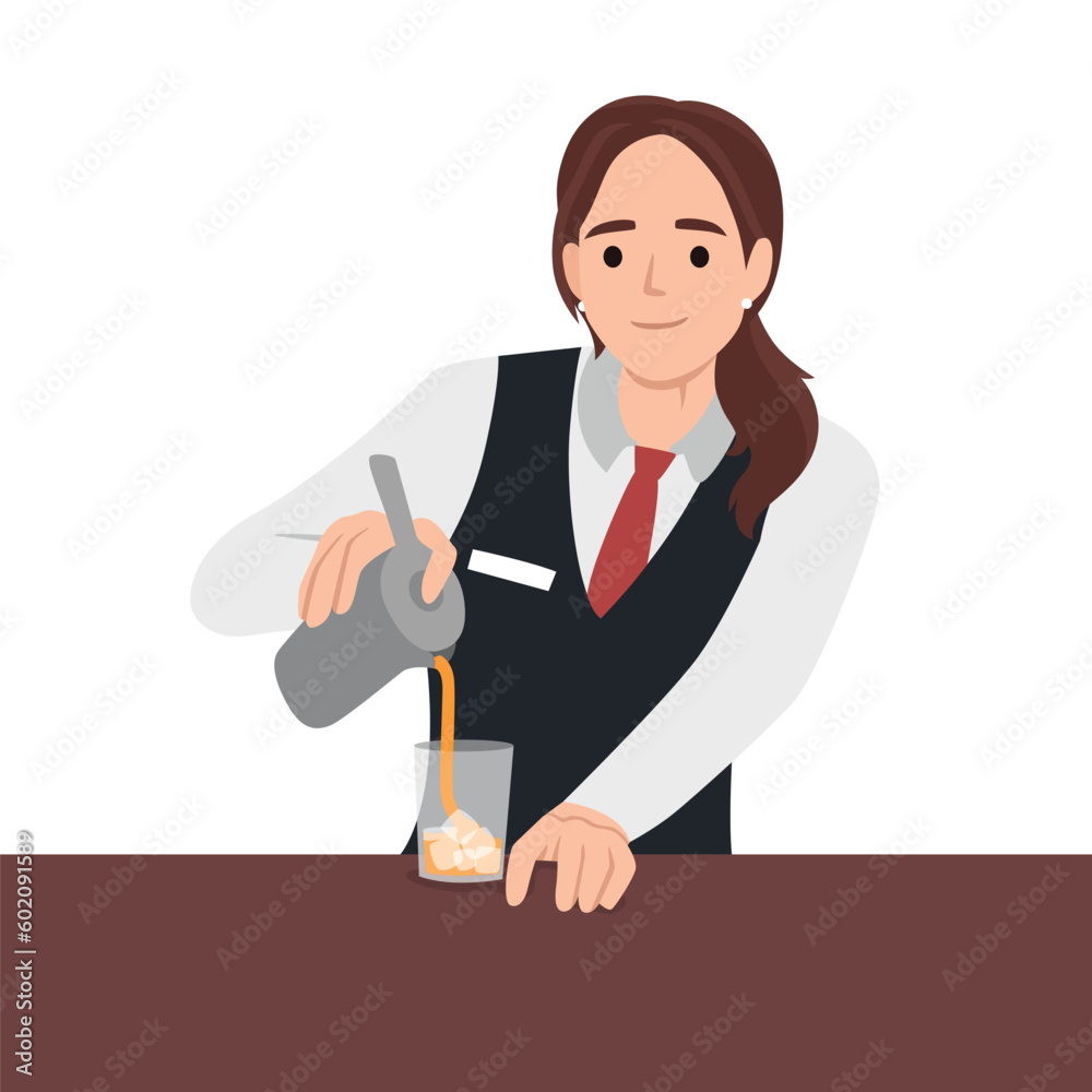 Young woman bartender making cocktail concept. Flat vector illustration isolated on white background Young woman bartender making cocktail concept. Flat vector illustration isolated on white background