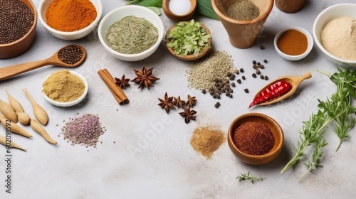 Various spices arranged on table