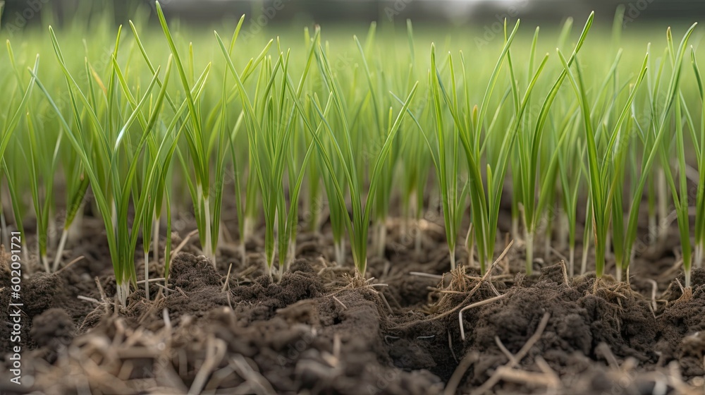Witnessing Nature's Miracle: Farm Fresh Wheat Seedlings Germinating in Agronomy Fields, Generative AI Witnessing Nature's Miracle: Farm Fresh Wheat Seedlings Germinating in Agronomy Fields, Generative AI