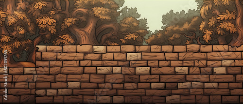 a cartoon of a brick wall with trees in the background