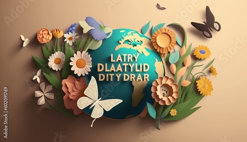 Earth day concept with flowers and butterfly paper cut style.Generative AI.
