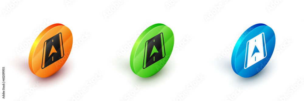 Isometric Infographic of city map navigation icon isolated on white background. Mobile App Interface concept design. Geolacation concept. Circle button. Vector Isometric Infographic of city map navigation icon isolated on white background. Mobile App Interface concept design. Geolacation concept. Circle button. Vector