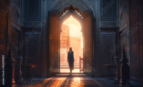 woman walking through gate in islamic mosque