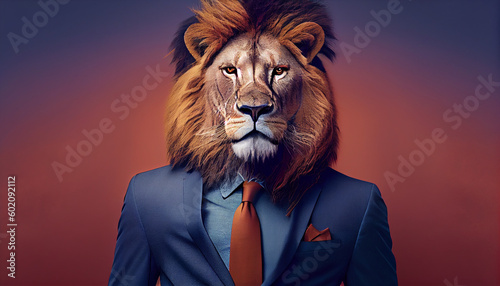 Lion head on solid color formal suit with pant. solid color background. Ai generated image