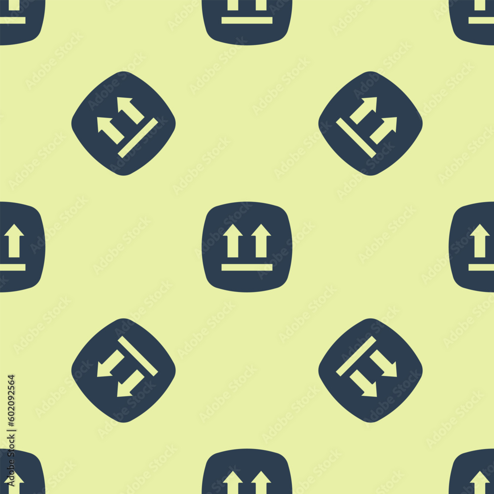 Blue This side up icon isolated seamless pattern on yellow background. Two arrows indicating top side of packaging. Cargo handled. Vector Blue This side up icon isolated seamless pattern on yellow background. Two arrows indicating top side of packaging. Cargo handled. Vector