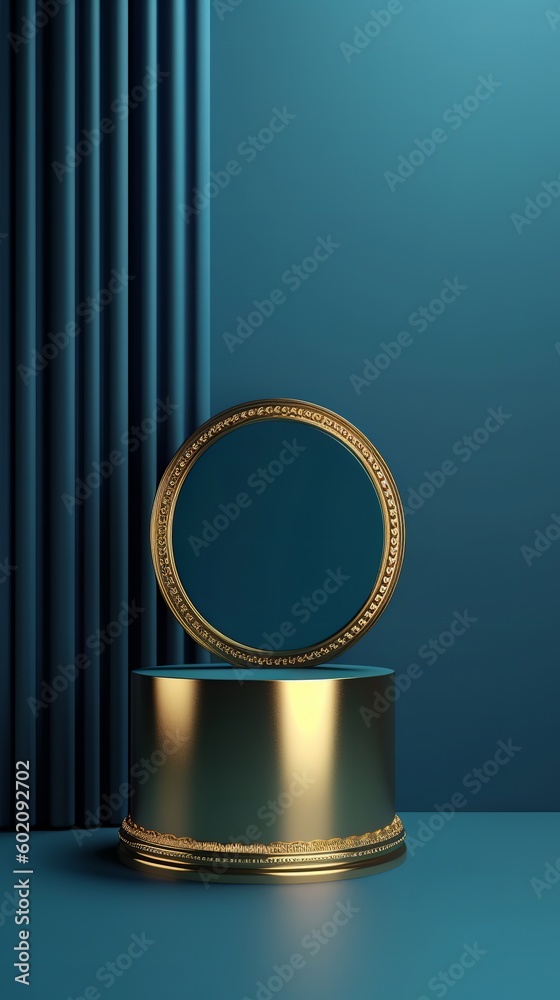 Empty Blue Cylinder Podium with Gold Border Empty Blue Cylinder Podium with Gold Border