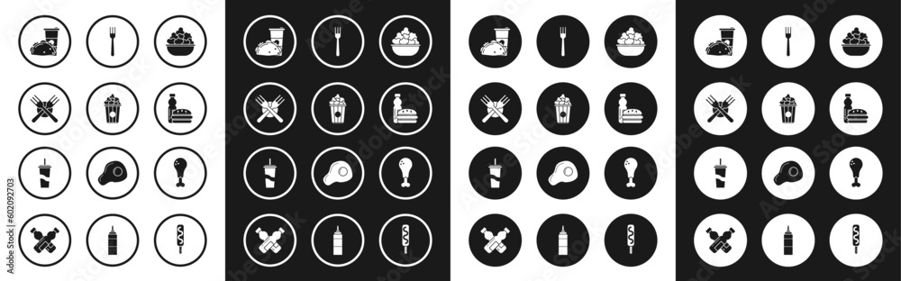 Set Popcorn in bowl, cardboard box, Crossed fork, Paper glass and taco with tortilla, Bottle of water burger, Fork, Chicken leg and drinking straw icon. Vector
