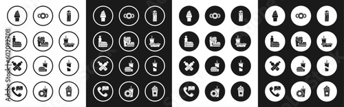 Set Doner kebab, Bottle of water burger, Ice cream waffle cone, Paper glass with drinking straw hotdog, Donut sweet glaze, and Crossed bottle icon. Vector