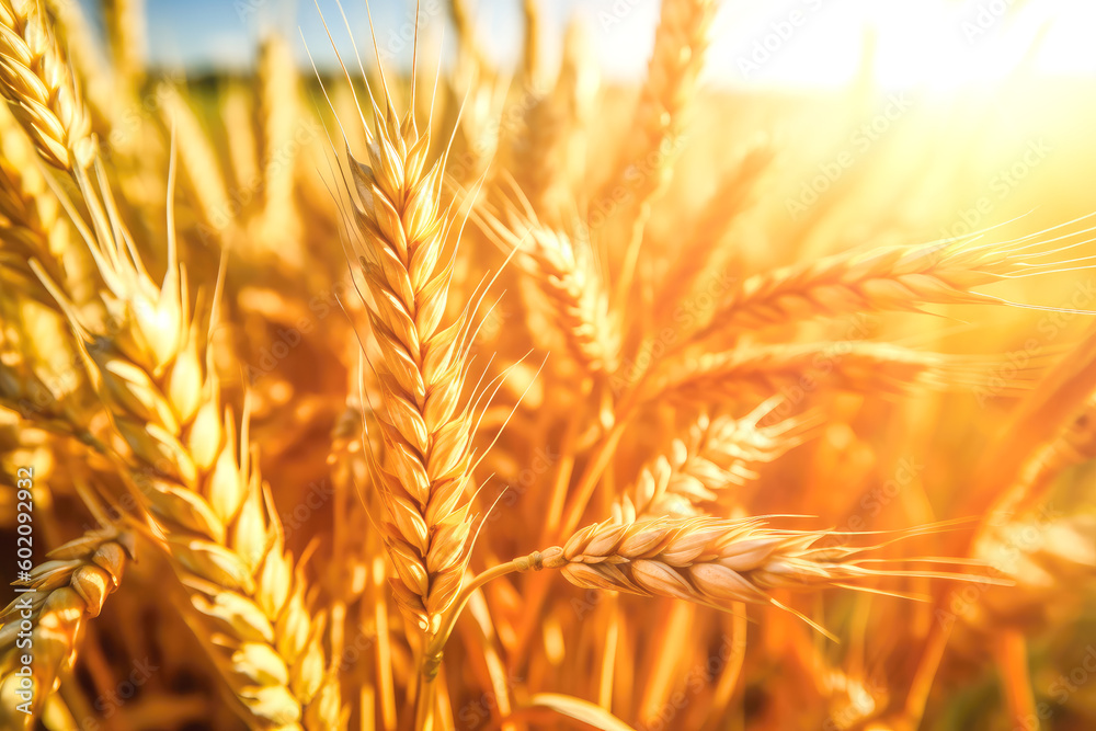 Golden wheat field at sunny day closeup. Generative AI Golden wheat field at sunny day closeup. Generative AI