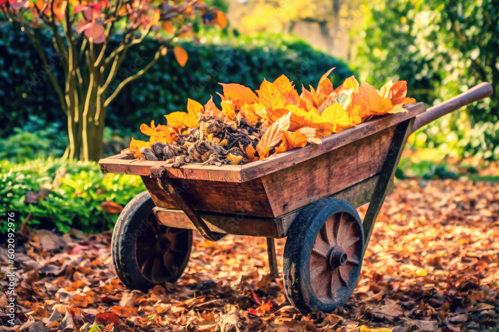 Garden wheelbarrow with autumn leaves at the garden. Generative AI