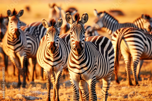 Zebras in savanna African wildlife. Generative AI