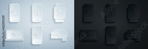 Set Mobile phone with smart home with wi-fi, Smart watch, Laptop, house and alarm, temperature and under protection icon. Vector