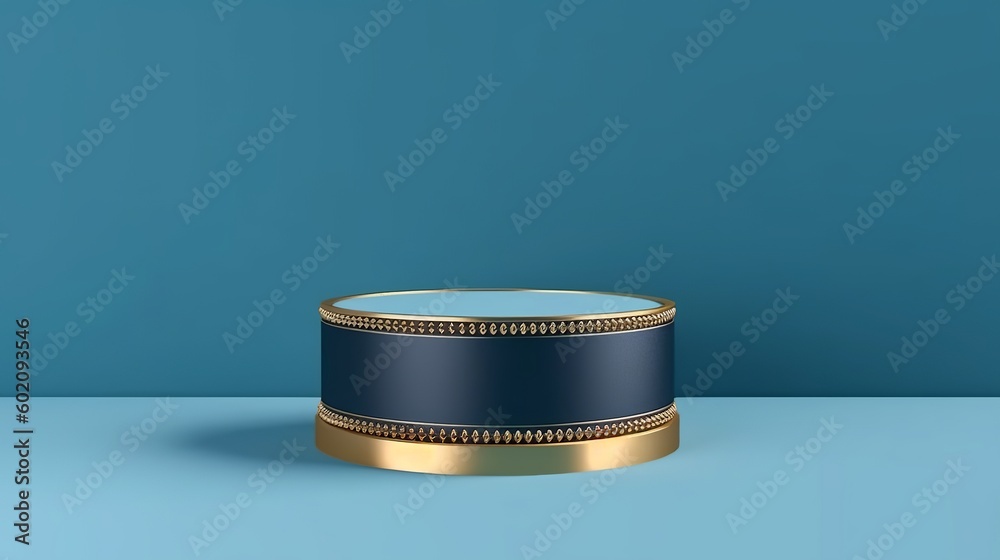 Empty Blue Cylinder Podium with Gold Border