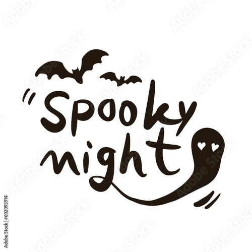 Spooky night lettering for halloween party invitation and celebration. Cute hand drawn calligraphy text with bats and ghost. Graphic elements for cards  posters  and print.