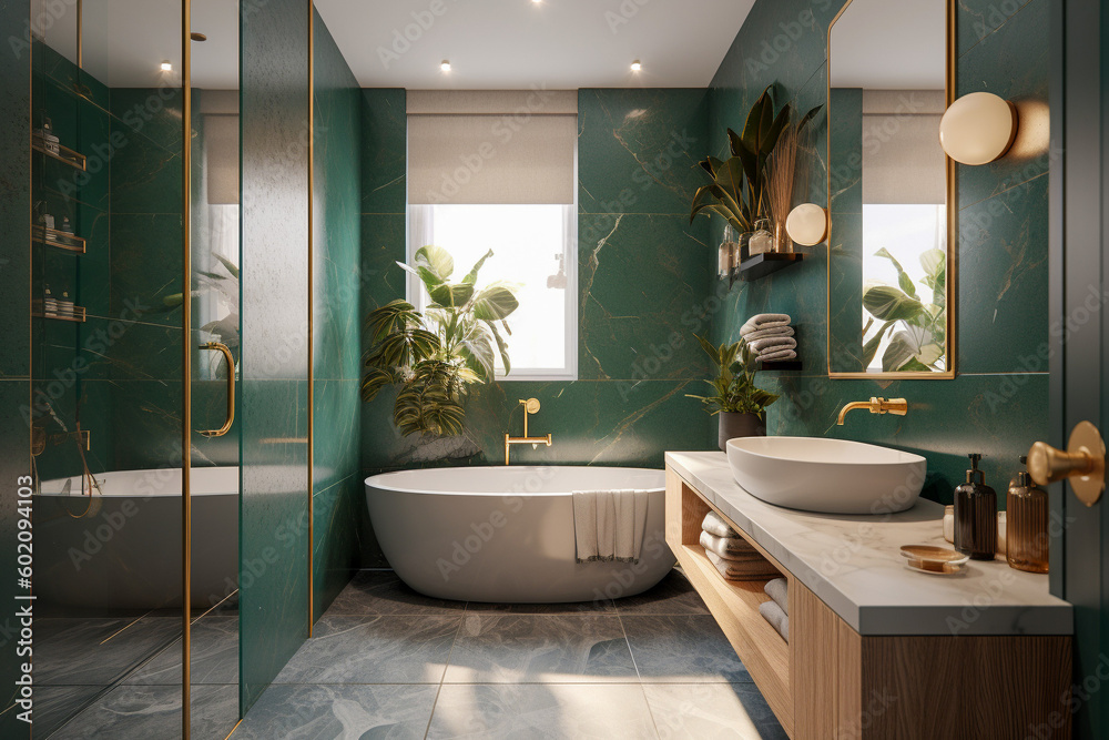 Fototapeta premium Modern minimalistic interior of the bathroom, green, white and golden colors. Super photo realistic background, generative ai illustration.