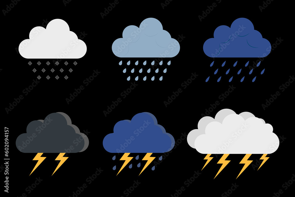 Fototapeta premium Weather icon set. Clouds with rain and lightning. Thunderstorm. Rainy dark cloud. Vector
