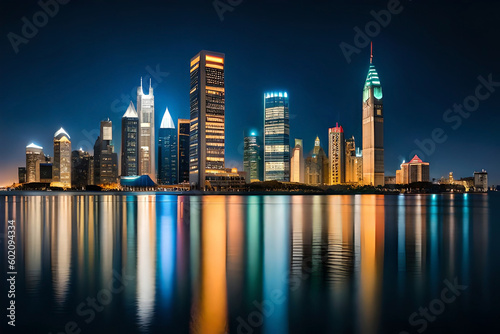a city skyline at night, with the lights of the buildings creating a beautiful, glowing effect against the dark sky