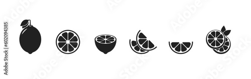 Citrus slices black icon set. Lemon, lime, orange and grapefruit. Vector EPS 10