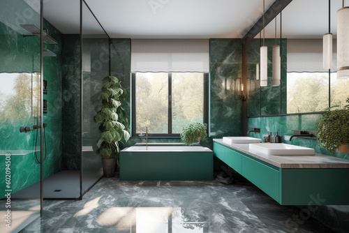 Modern minimalistic interior of the bathroom  green  white and golden colors. Super photo realistic background  generative ai illustration.