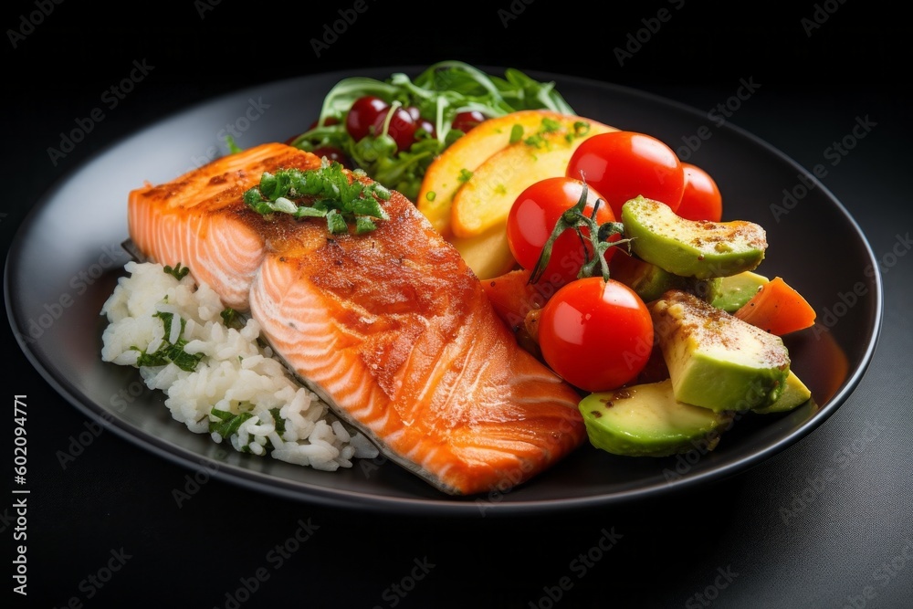 Salmon Fillet, Rice, potatoes and cheese with a side of guacomle with avocado. Generative AI Salmon Fillet, Rice, potatoes and cheese with a side of guacomle with avocado. Generative AI