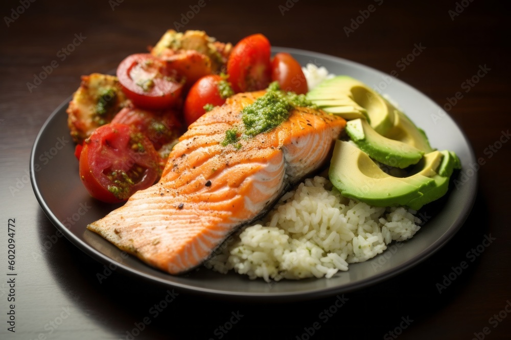 Salmon Fillet, Rice, potatoes and cheese with a side of guacomle with avocado. Generative AI Salmon Fillet, Rice, potatoes and cheese with a side of guacomle with avocado. Generative AI