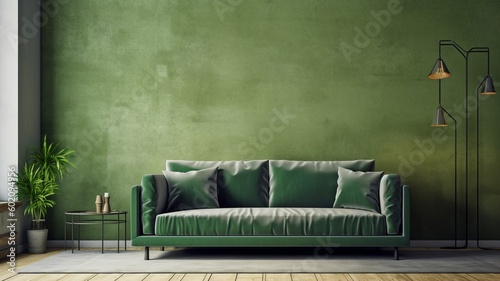 Wallpaper Mural Green sofa with a wooden table and an empty wall in a Hammer apartment. GENERATE AI Torontodigital.ca