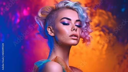 Fashion model posing in a studio while wearing bright lights Gorgeous, seductive girl with contemporary cosmetics and manicure. makeup with a vibrant backdrop. GENERATE AI