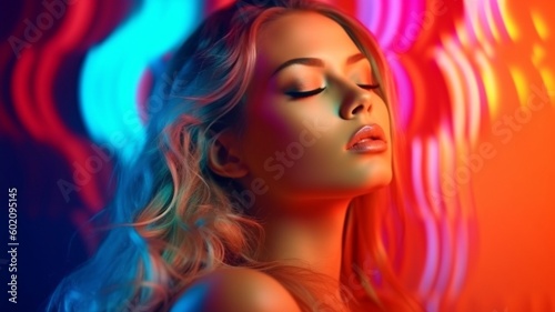 Fashion model posing in a studio while wearing bright lights Gorgeous  seductive girl with contemporary cosmetics and manicure. makeup with a vibrant backdrop. GENERATE AI