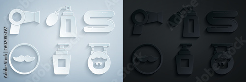 Set Bottle of shampoo, Towel, Mustache, Barbershop, Aftershave bottle with atomizer and Hair dryer icon. Vector
