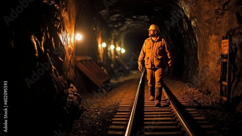 mining tunnel, lighted hard helmet on the miner. GENERATE AI