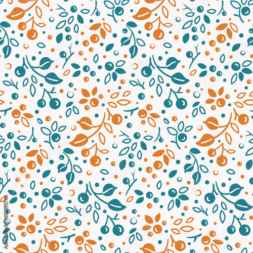 delicate seamless pattern with hand-drawn twigs, leaves and berries on white