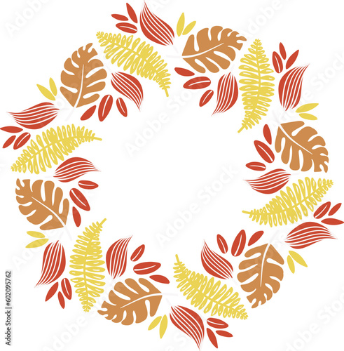 hexagon bright summer frame of red yellow tropical leaves