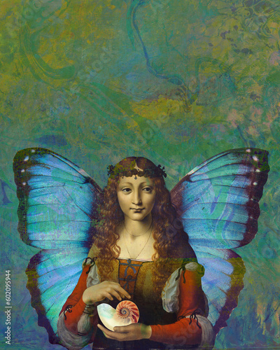 фотографія Butterfly girl holding a seashell mixed media classical illustration
