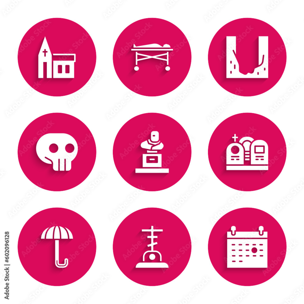 Set Grave with tombstone, cross, Calendar death, Umbrella, Skull, Cemetery digged grave hole and Church building icon. Vector Set Grave with tombstone, cross, Calendar death, Umbrella, Skull, Cemetery digged grave hole and Church building icon. Vector