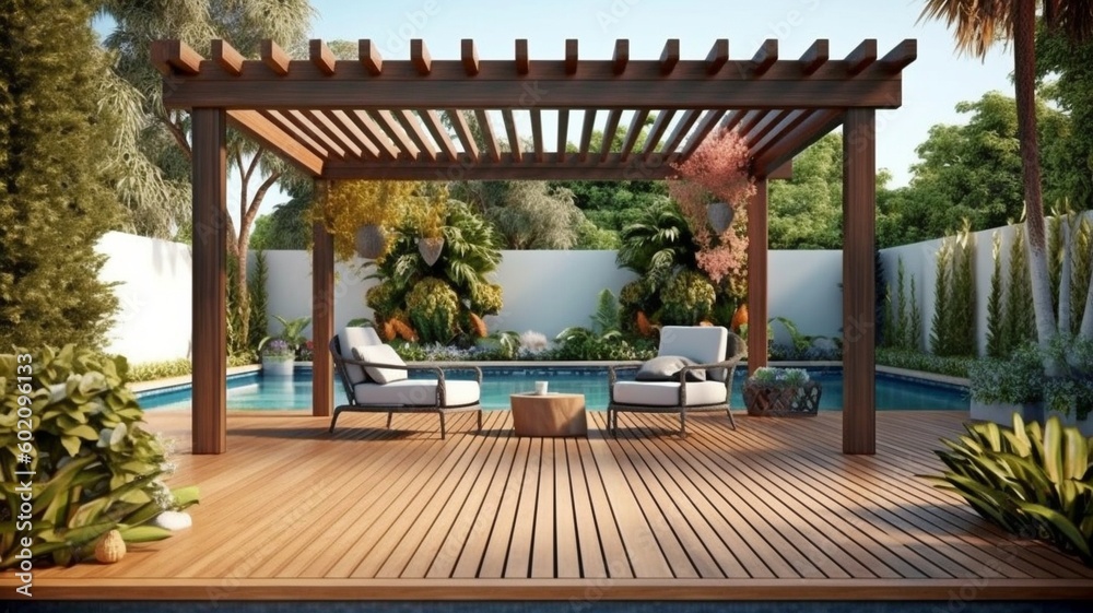 Teak hardwood deck and black pergola are shown in a 3D picture of a ...