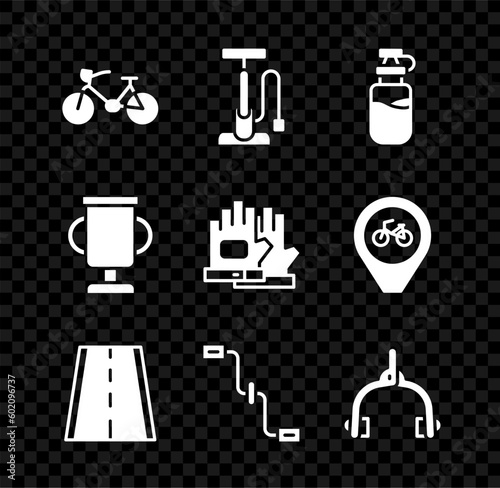 Set Bicycle, air pump, Sport bottle with water, lane, pedals, brake calipers, Award cup bicycle and Gloves icon. Vector