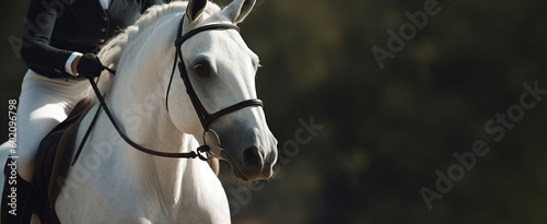Horseback Riding. White horse close-up. Banner, copy space