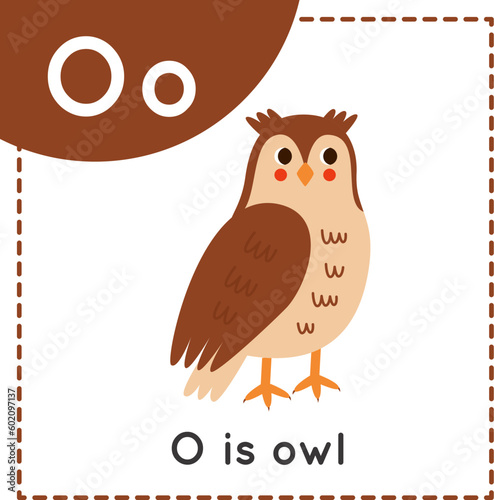 Learning English alphabet for kids. Letter O. Cute cartoon owl.