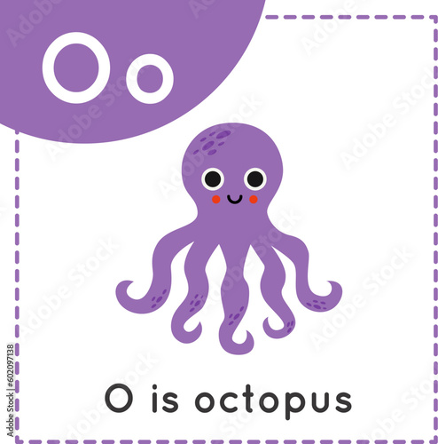 Learning English alphabet for kids. Letter O. Cute cartoon octopus.