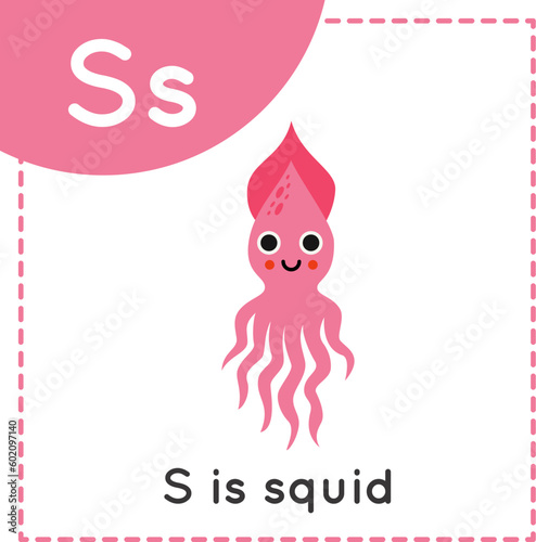 Learning English alphabet for kids. Letter S. Cute cartoon squid.