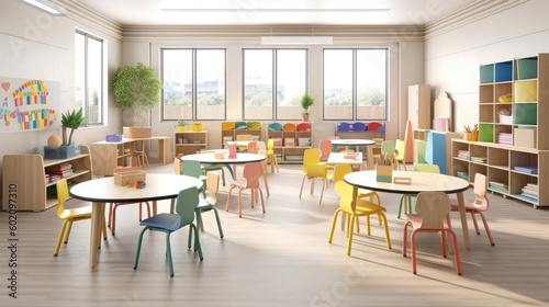 The interior of the classroom of a modern elementary school. Photorealistic illustration generative AI.